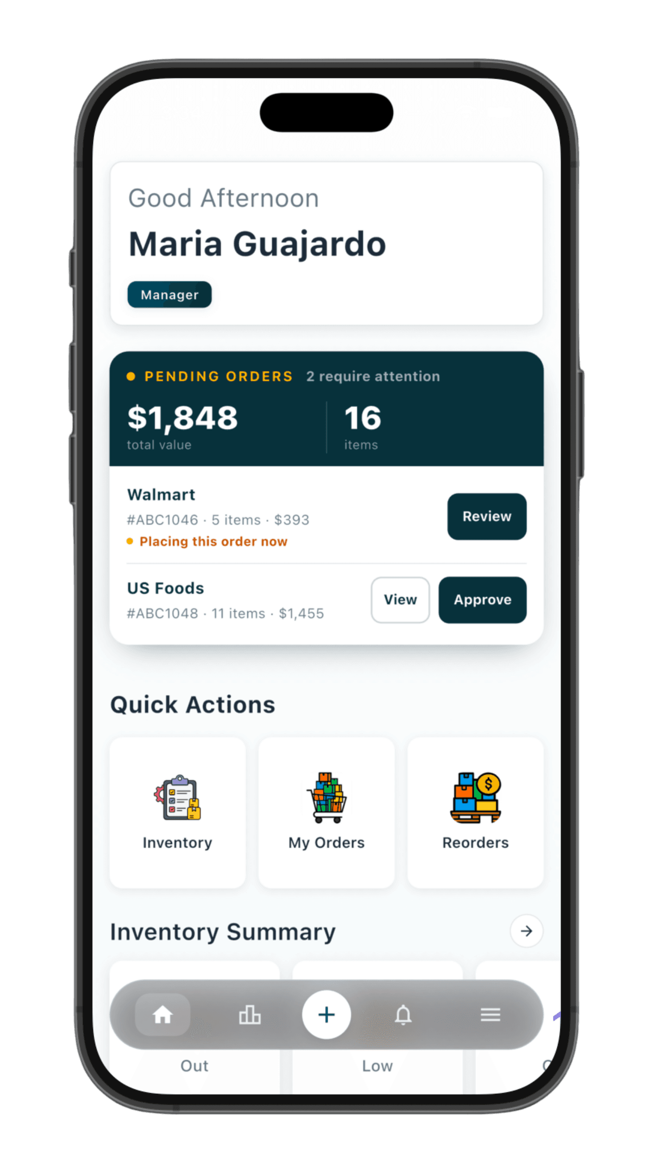 The Byte Works app on a phone: a home screen with two pending orders worth $1,848 across 16 items, one being placed now and one waiting to be approved, and shortcuts to inventory, orders and reorders.