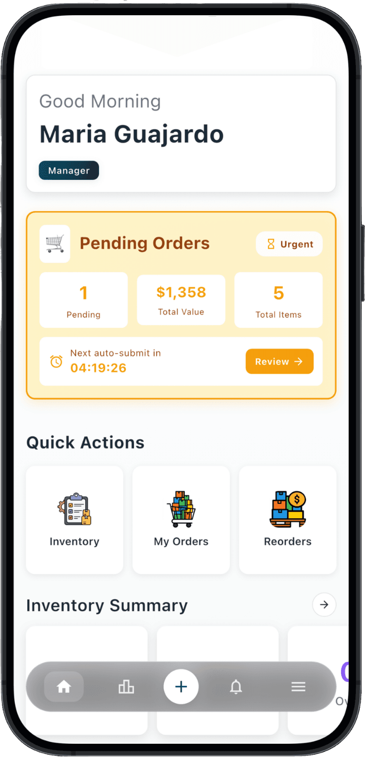 The Byte Works app on a phone: a home screen with one pending order, a countdown to the next automatic submission, and shortcuts to inventory, orders and reorders.